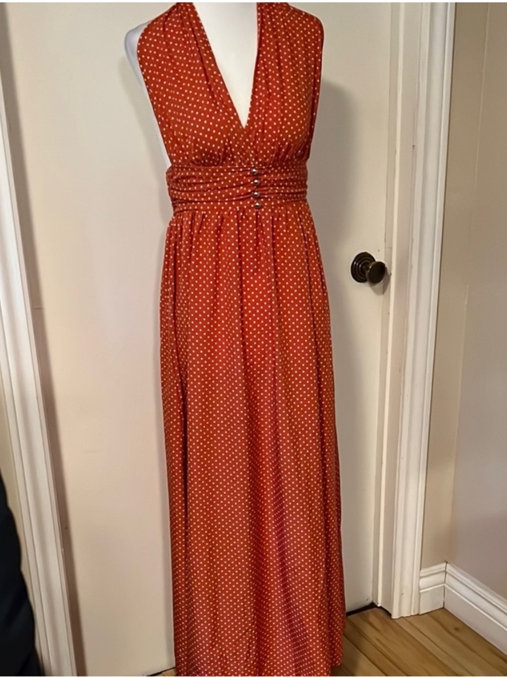 SHEIN • Women’s S • Elegant Halter Polka Dot Maxi Dress • Orange & White